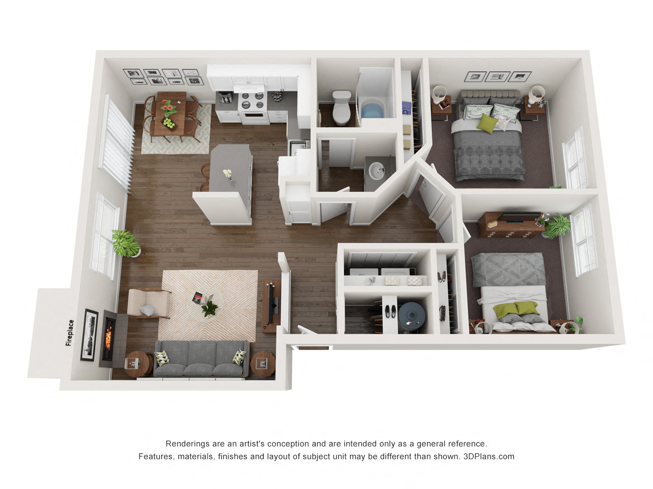 Floor plan for 2 beds, 1 bath, 920 sqft